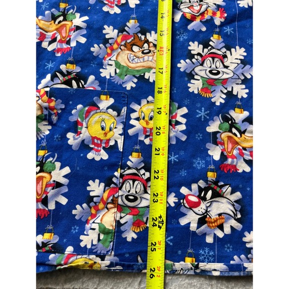 Looney Tunes Christmas Snowflake Print Button Up Scrub Top XL Blue Cotton - Picture 4 of 6